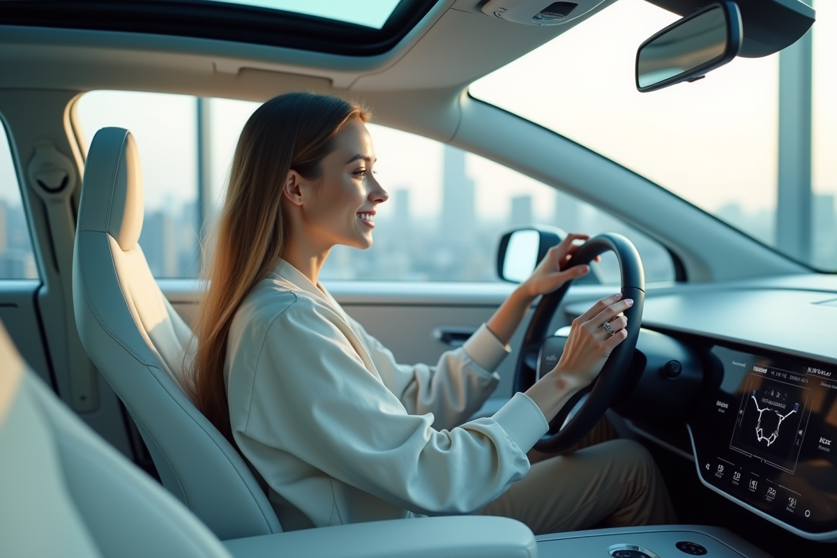 Jeune femme dans voiture autonome utilisant un hologramme
