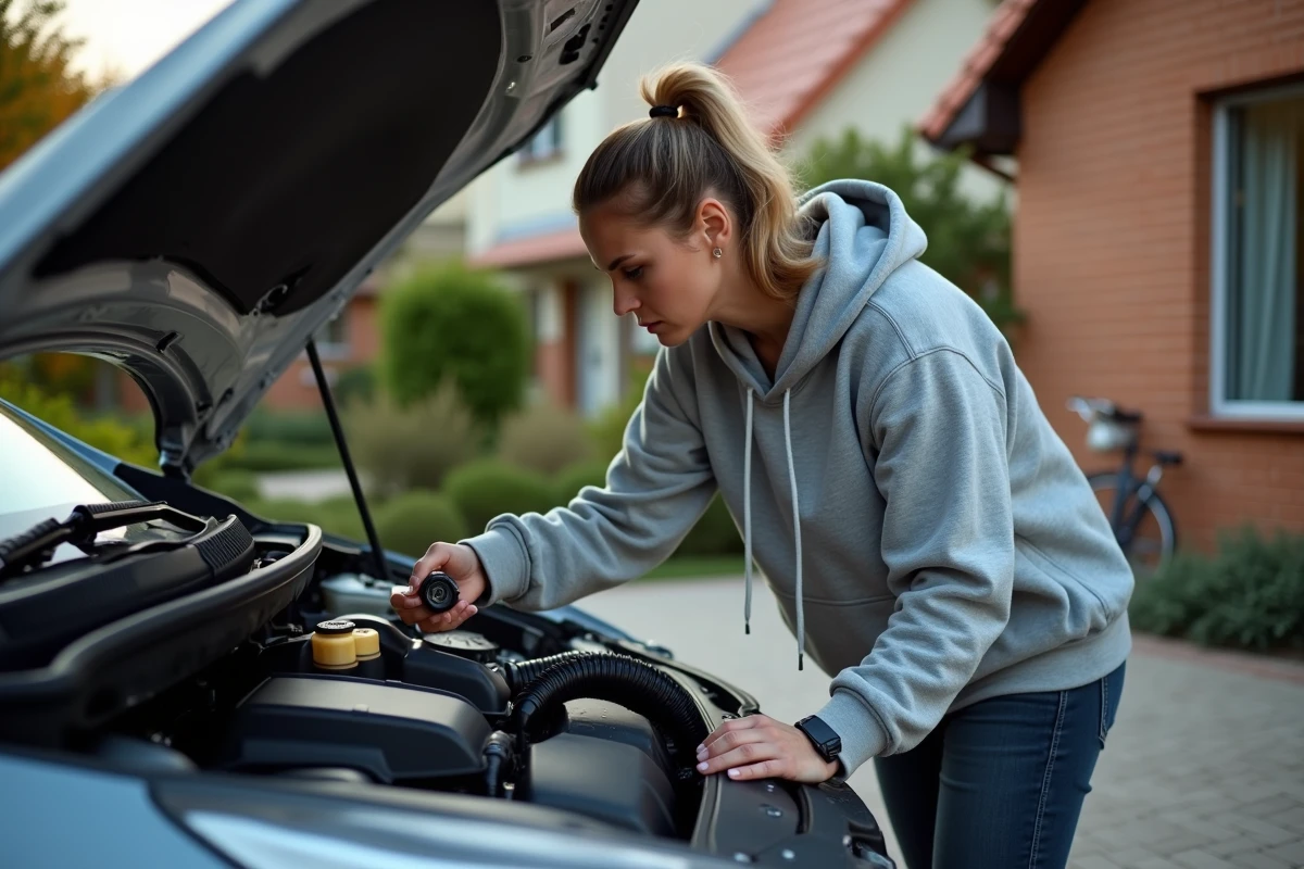 Femme inspectant les durits du compartiment moteur de sa voiture dans une allée résidentielle