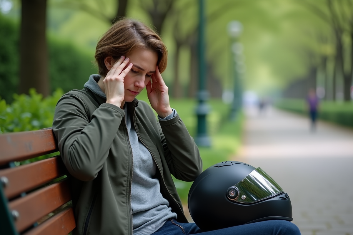 Femme se relaxant avec casque moto à côté dans un parc