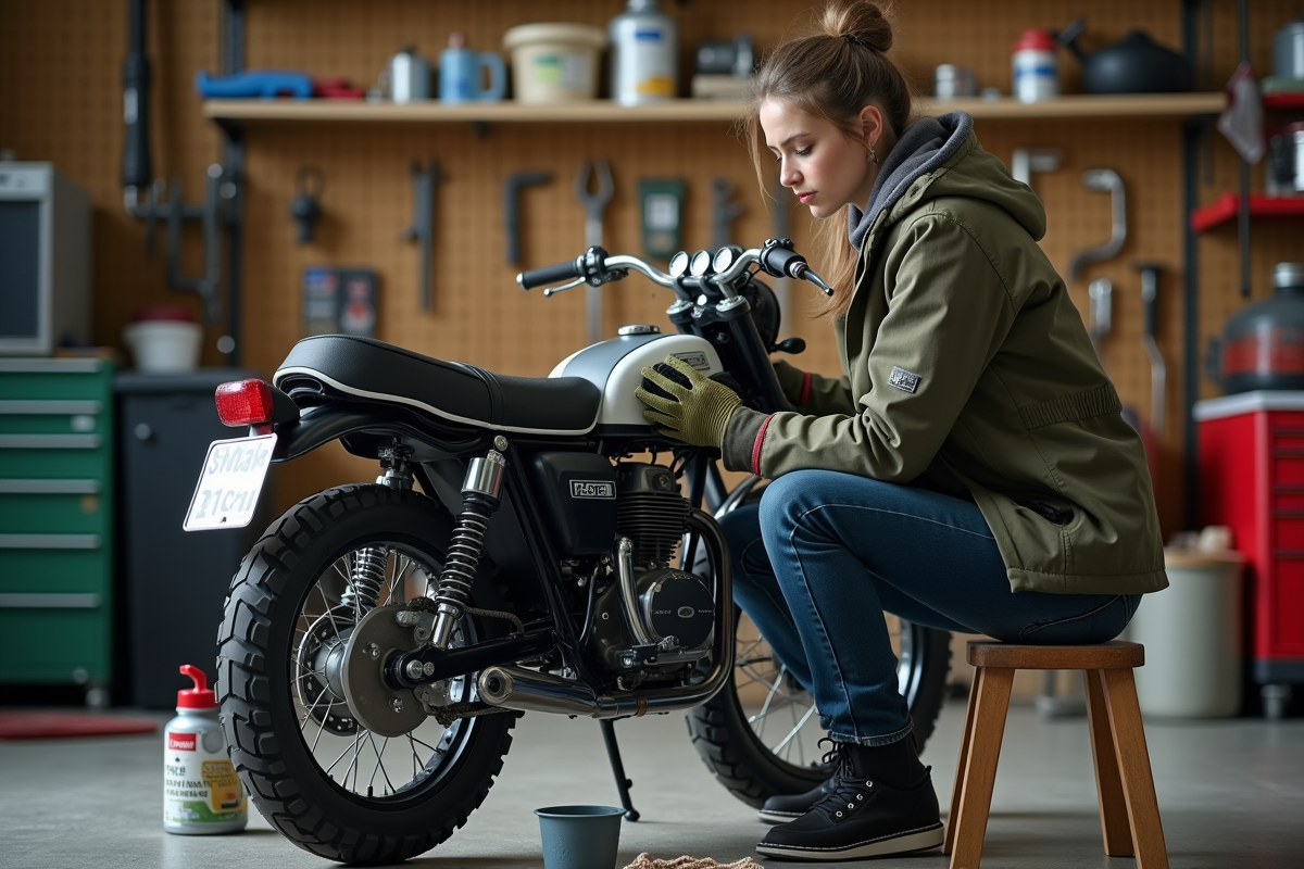 Jeune femme nettoyant un échappement de moto dans un garage