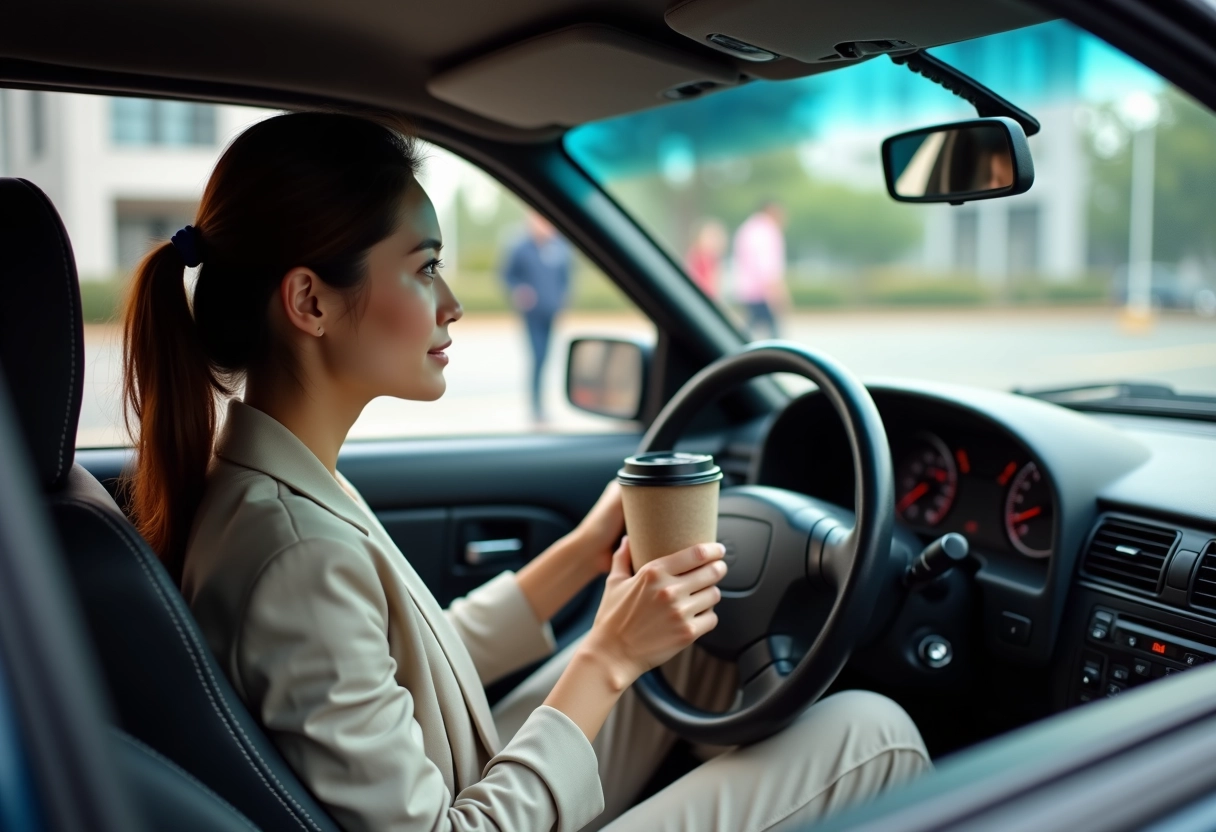 Femme dans la Nissan Silvia tenant un café dans la voiture