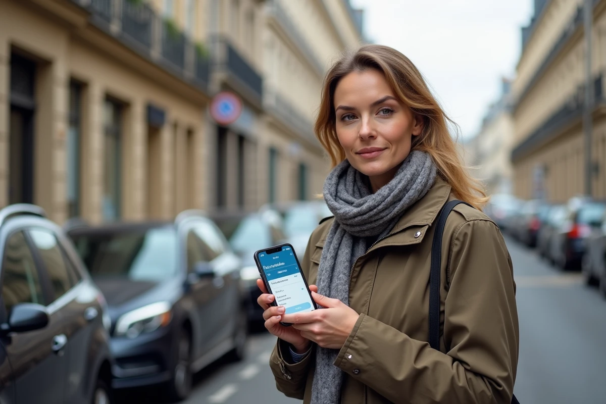 Femme utilisant PayByPhone dans une rue parisienne