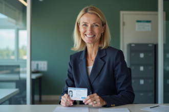 Femme d'âge moyen souriante avec permis de conduire français