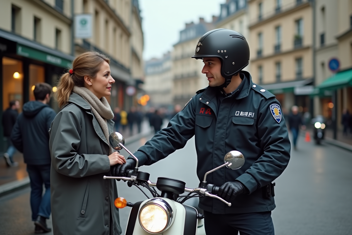 Femme et policière avec moto dans une rue parisienne