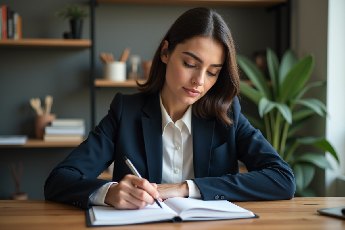 Femme pensante dans un bureau moderne avec carnet