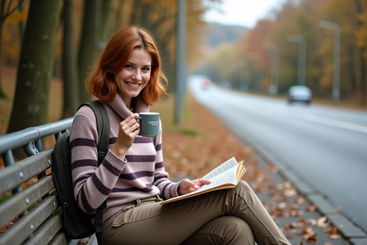 Femme souriante buvant un café sur une aire d