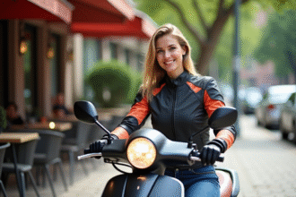 Femme souriante en moto scooter urbaine moderne