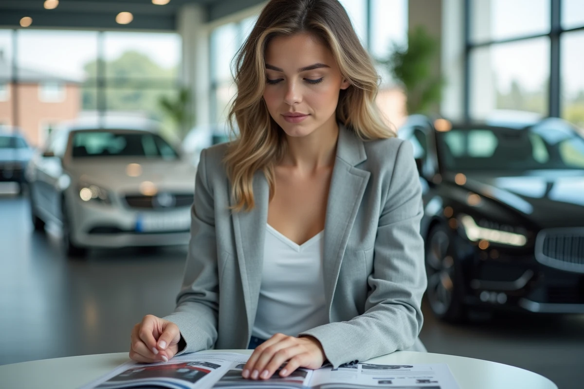 Femme dans un showroom étudie deux brochures automobiles