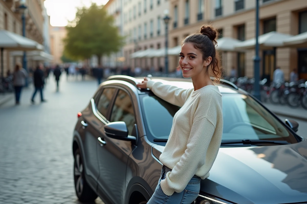 Jeune femme discutant à côté d’un SUV en ville dynamique