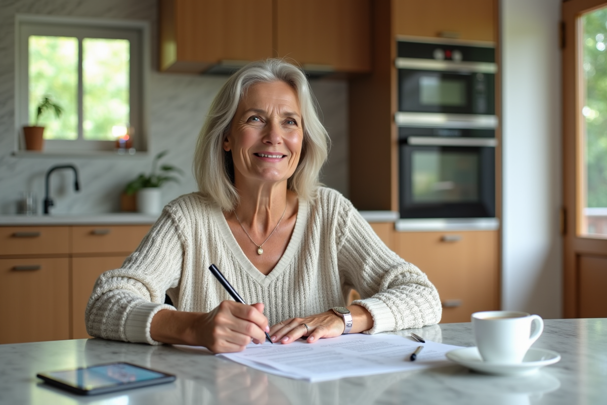 Femme souriante dans la cuisine avec documents d'assurance
