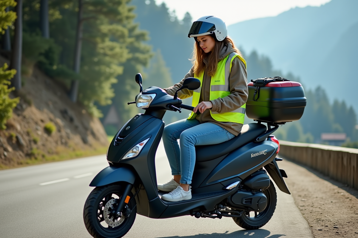 Jeune femme vérifiant son sac sur une moto en montagne