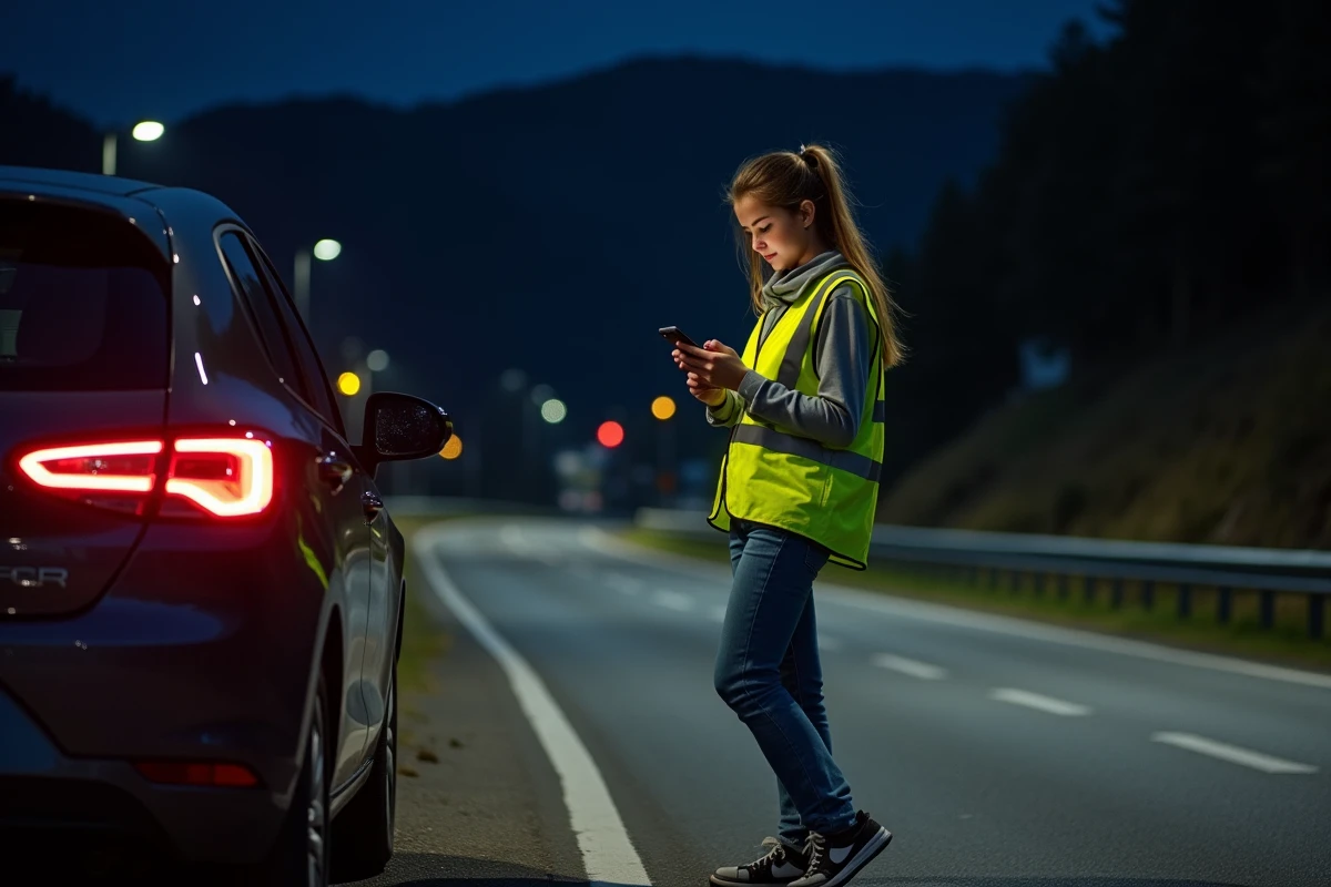 Jeune femme en gilet réfléchissant près de sa voiture la nuit