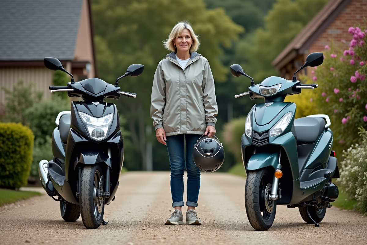 Femme avec casque et motos dans jardin résidentiel
