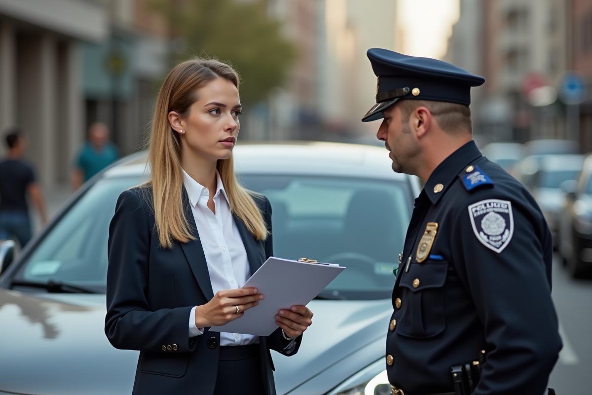 Jeune femme discutant avec un policier près d'une voiture en ville