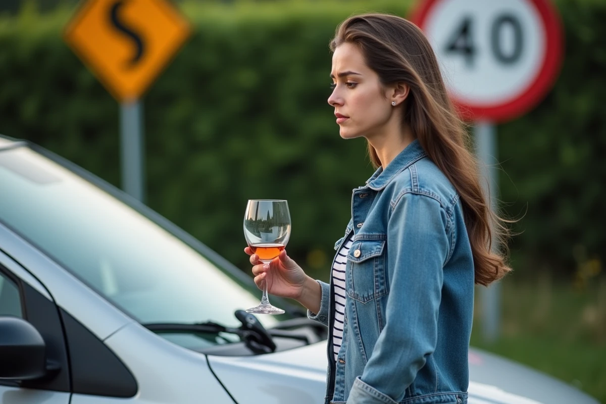 Jeune femme avec clé de voiture et verre de vin devant sa voiture