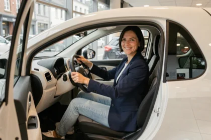 Femme souriante assise dans une voiture sans permis dans une concession automobile à Nantes