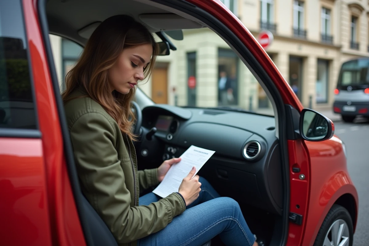 Jeune femme dans une voiture urbaine en ville