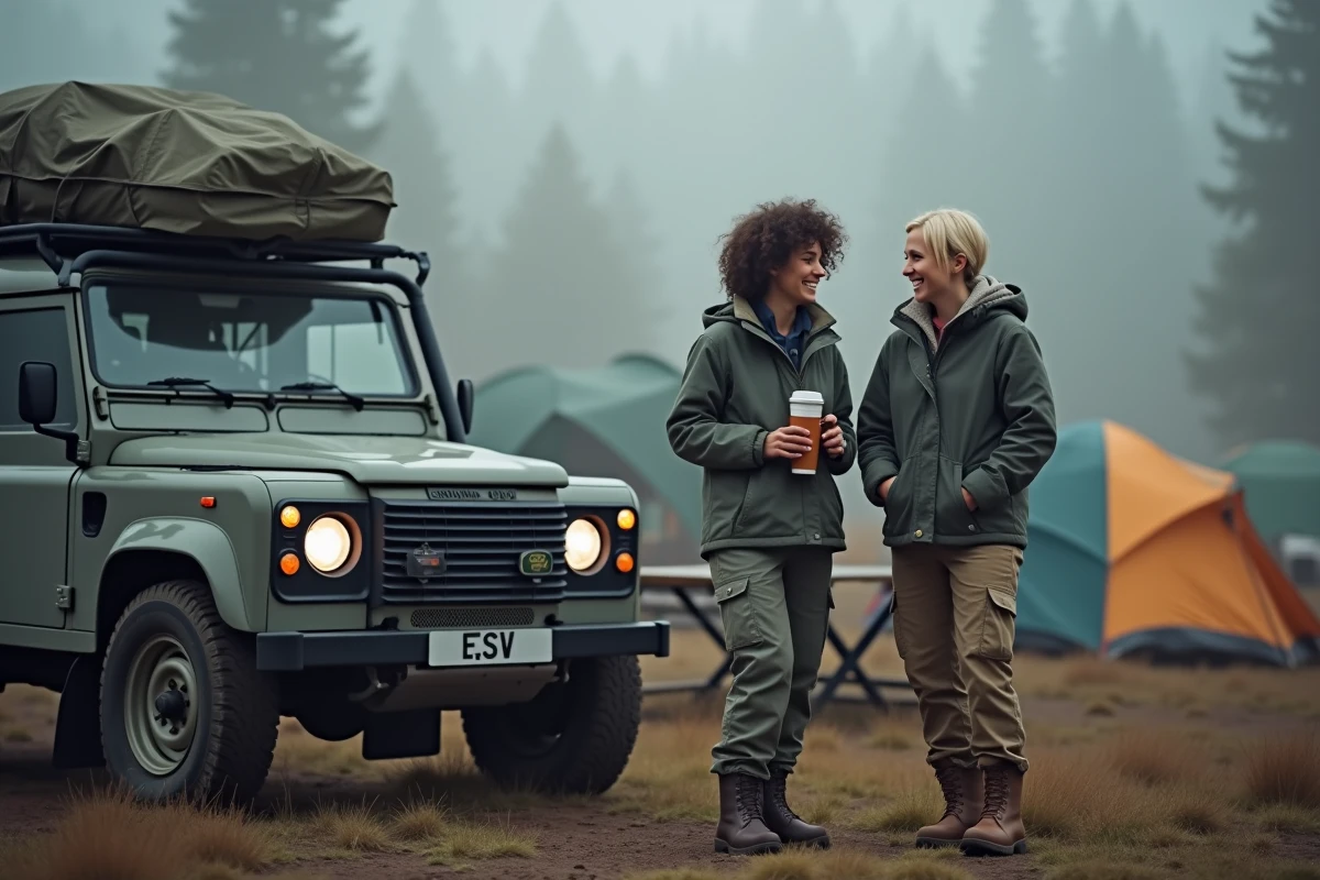Deux femmes rient près de leur Land Rover en camping forêt