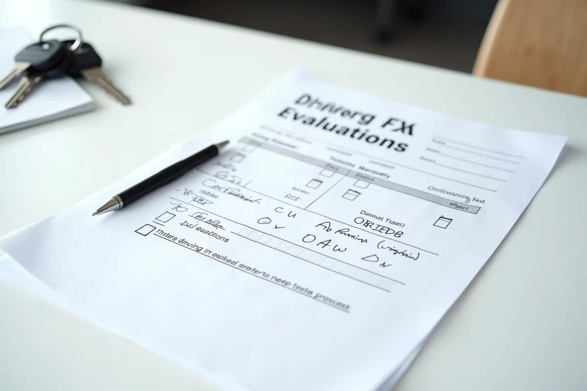 Gros plan d'une feuille d'évaluation officielle du permis de conduire avec annotations manuscrites et stylo posé dessus