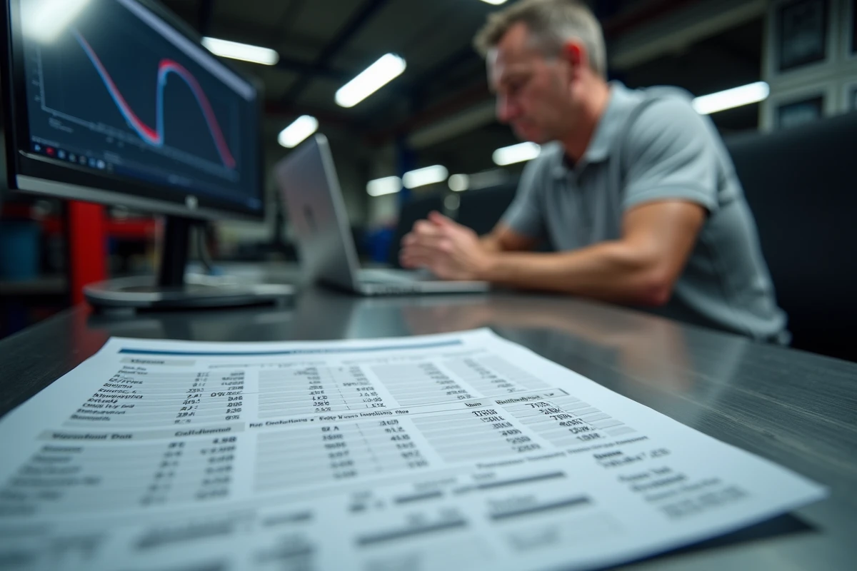 Fiche technique Peugeot 208 GTI avec données de puissance et courbes de couple sur un bureau d'atelier