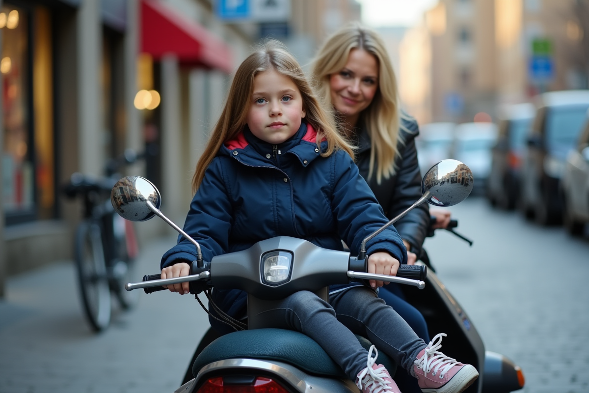 Fille adolescente et sa mère ajustant le miroir du scooter