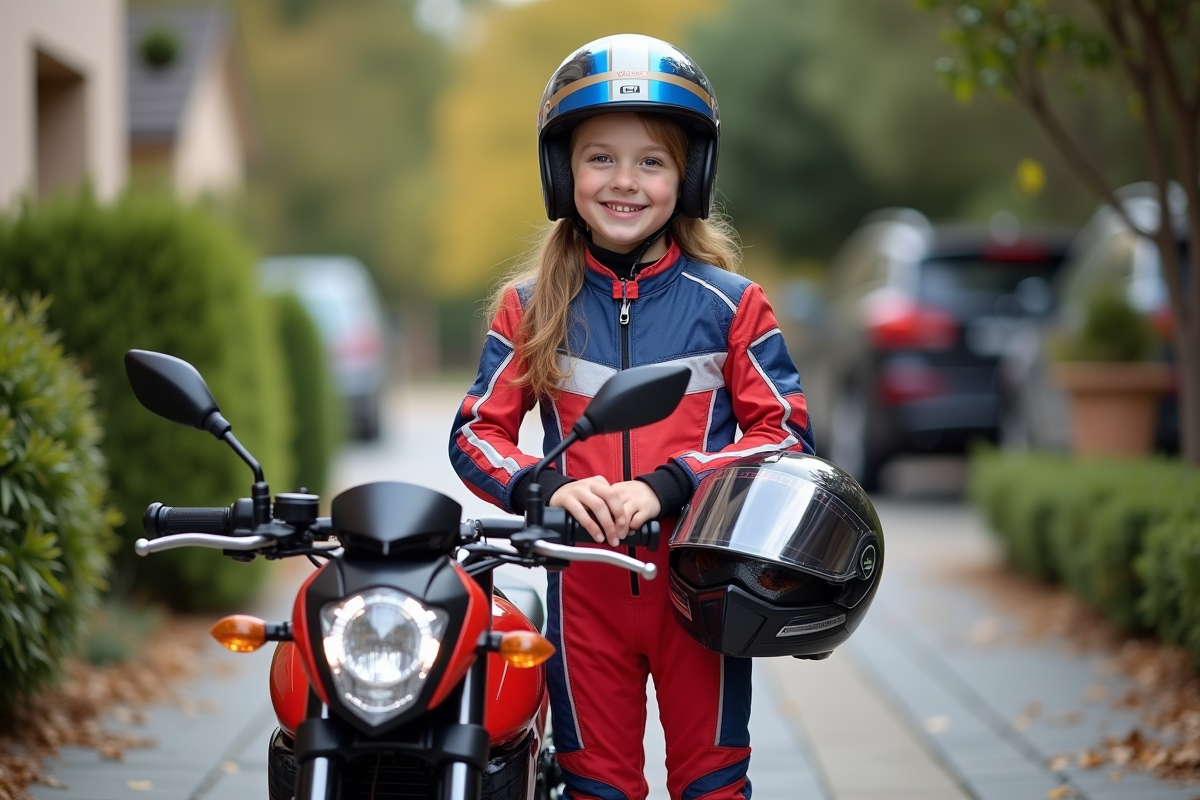 Fille souriante avec casque et moto en driveway