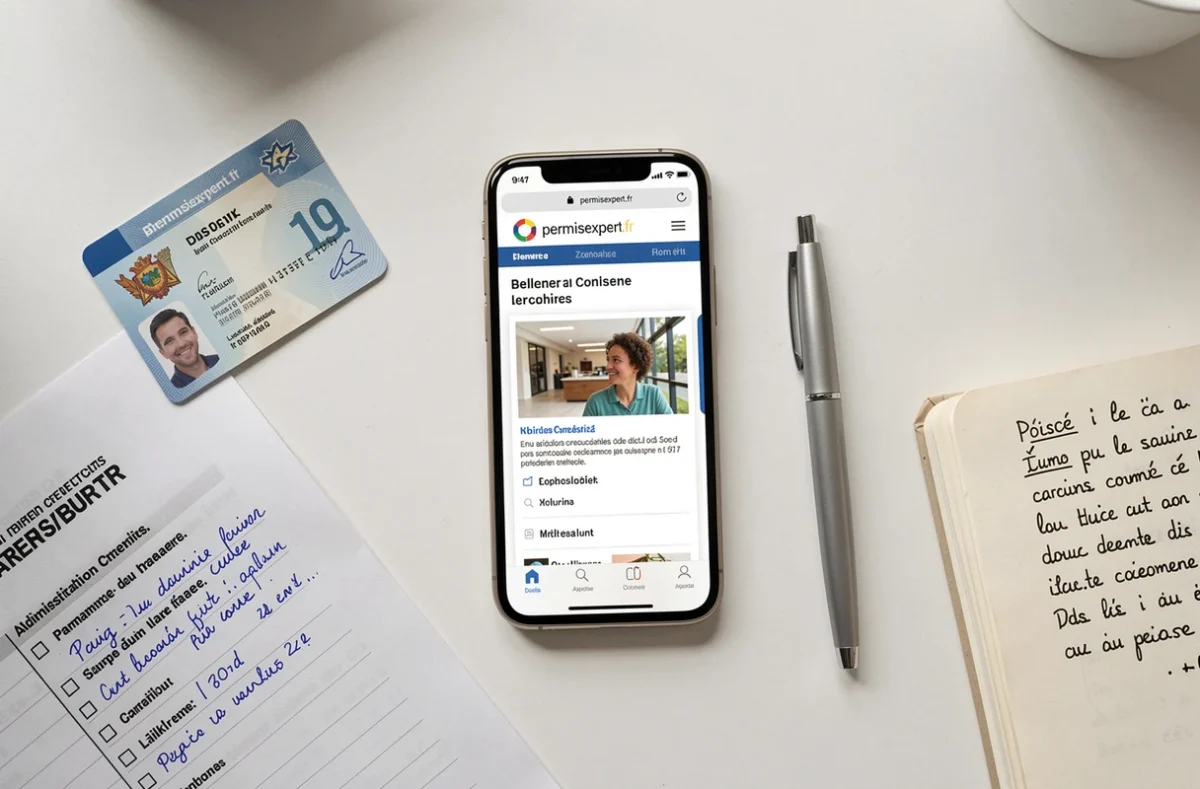 Vue de dessus d'un bureau avec smartphone affichant permisexpert.fr, permis de conduire français et checklist ANTS annotée
