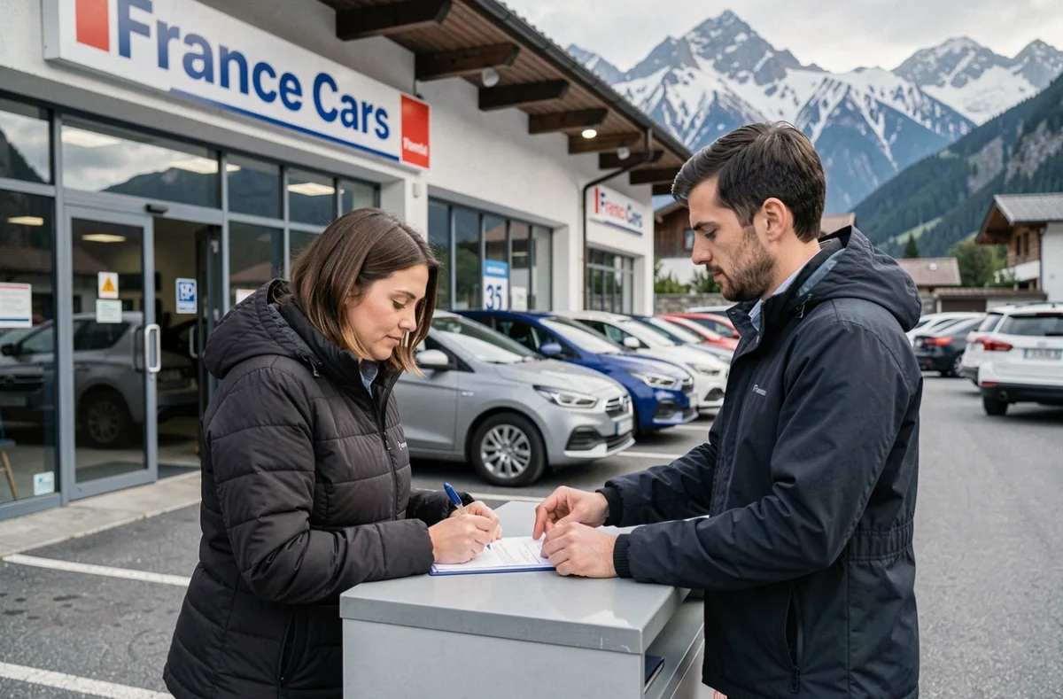 Agence France Cars avec une cliente signant son contrat de location assistée par un agent