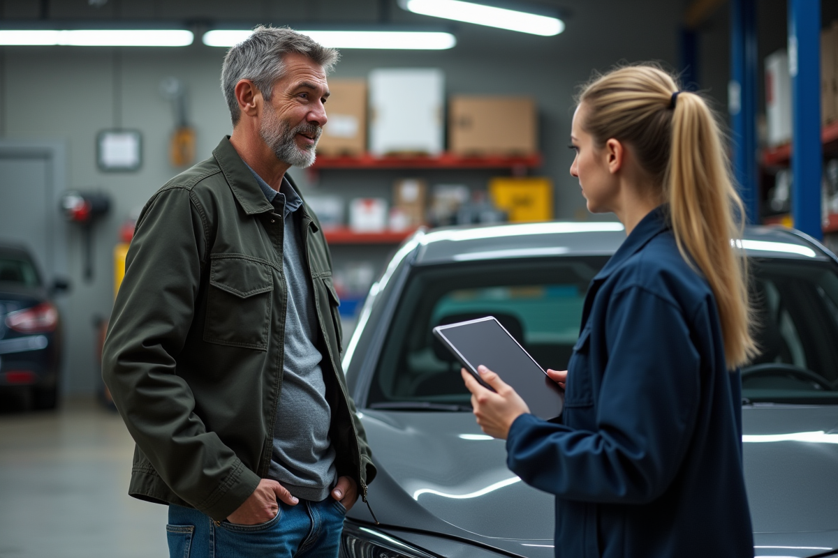 Homme d'âge moyen discutant avec une mécanicienne dans un atelier auto