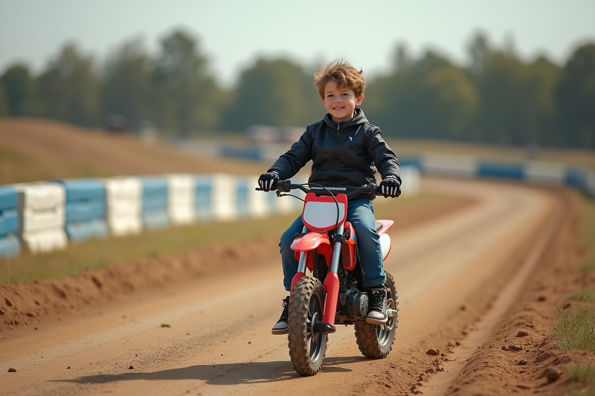 Jeune garçon en moto tout-terrain sur piste extérieure