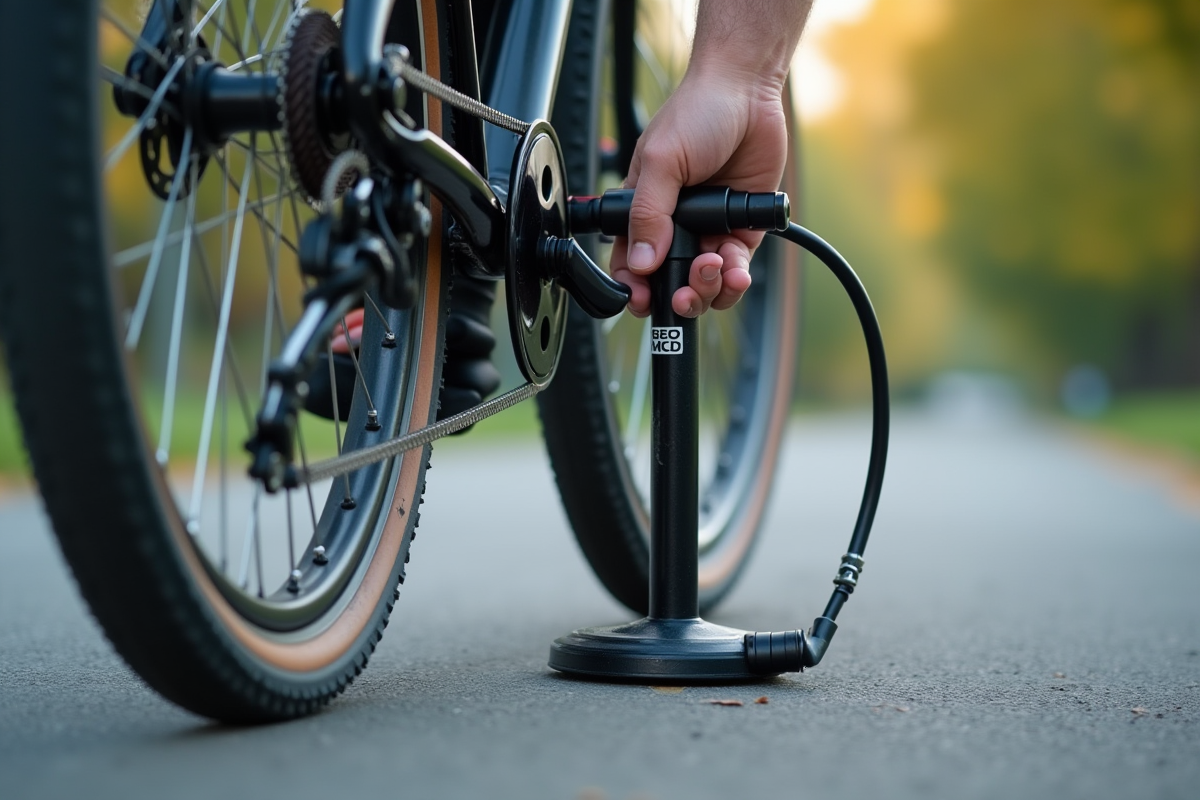 Main gonflant un pneu de vélo avec une pompe sur le trottoir