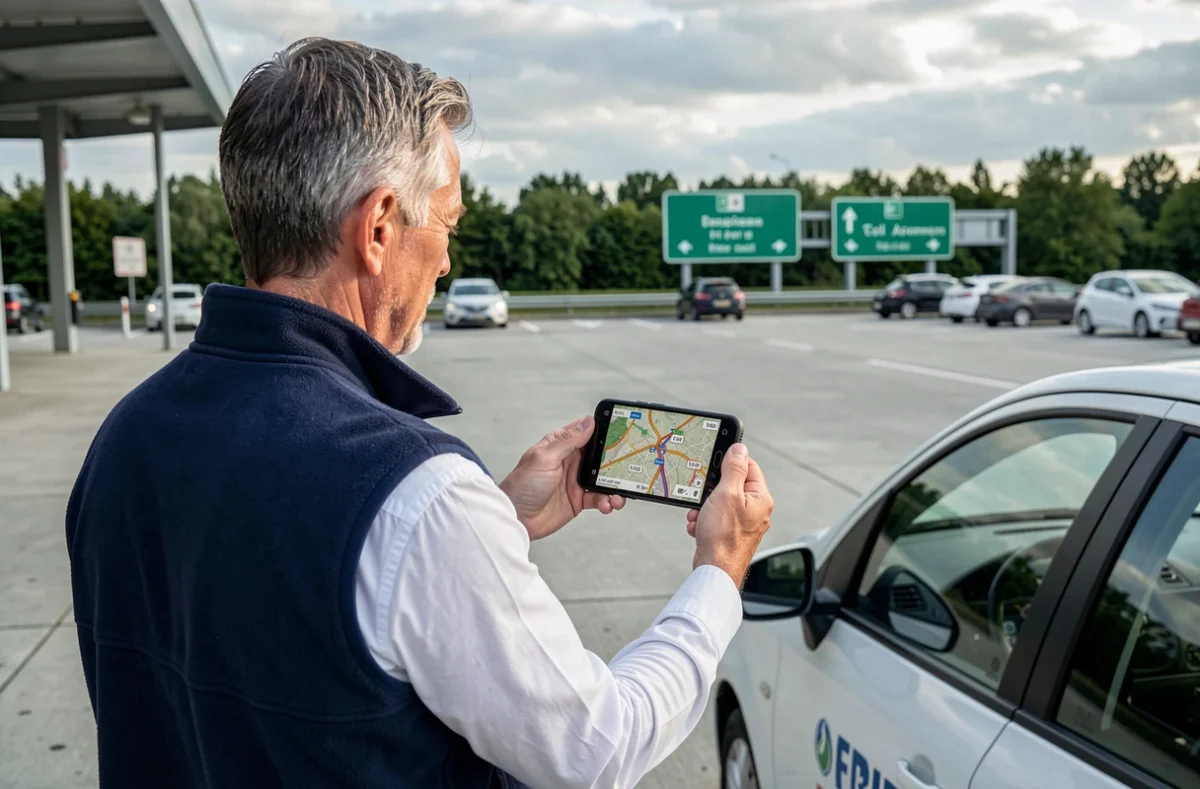 Homme debout près de sa voiture sur une aire d'autoroute française consultant une application GPS sur son smartphone
