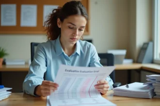 Jeune femme révisant une grille d'évaluation de permis de conduire annotée en rouge sur un bureau administratif