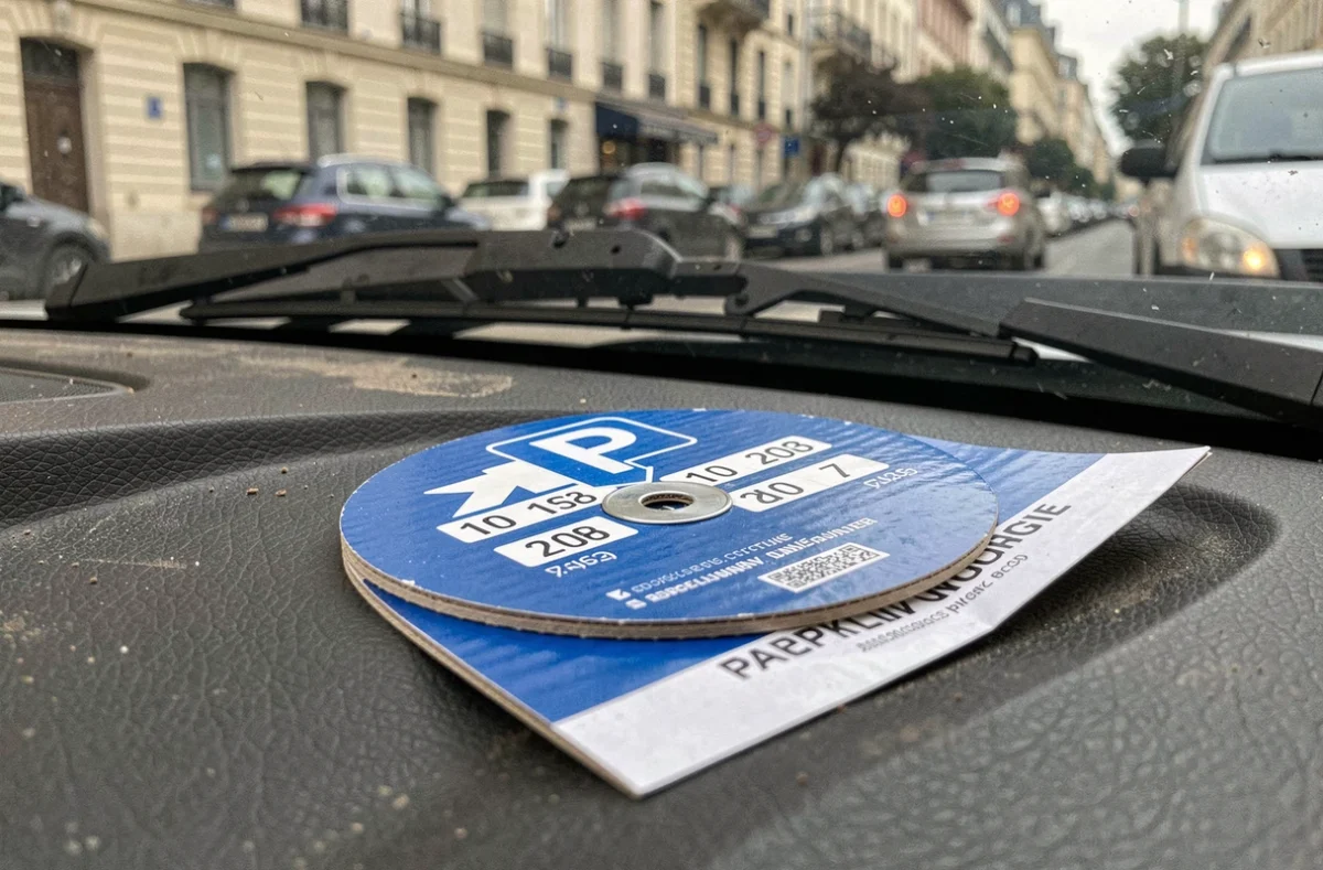 Gros plan d'un disque de stationnement bleu mal réglé sur un tableau de bord avec un avis de contravention glissé sous l'essuie-glace