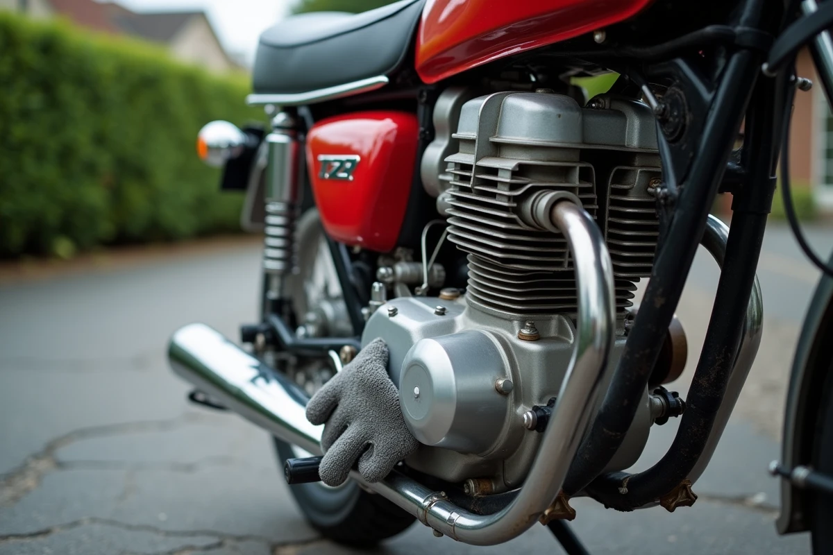 Gros plan sur le moteur deux temps du Yamaha TZR 50cc pendant la phase de rodage