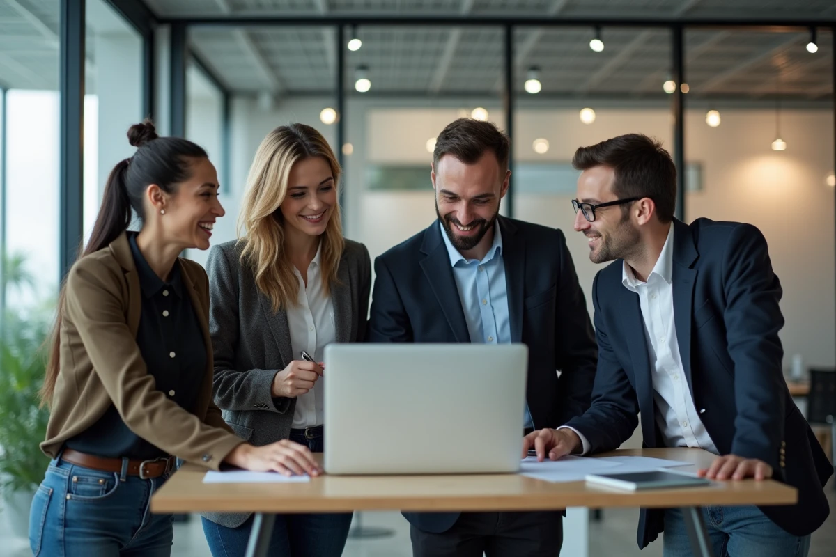 Groupe de collègues divers discutant dans un bureau moderne