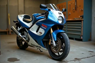 Suzuki GSXR 1100 de 1992 avec freins aftermarket modernisés dans un garage urbain, modification discrète sur moto vintage