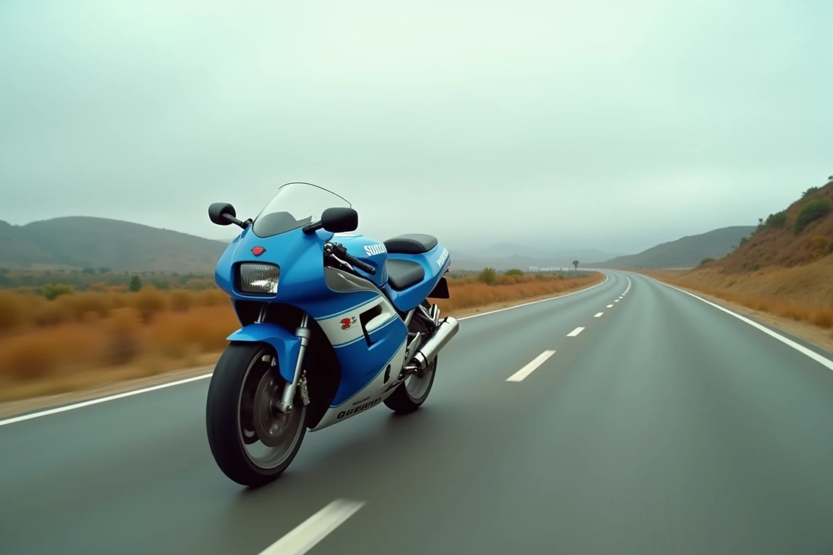 Suzuki GSXR 1100 de 1992 en roulage sur route de campagne avec modifications discrètes préservant l'esthétique d'origine