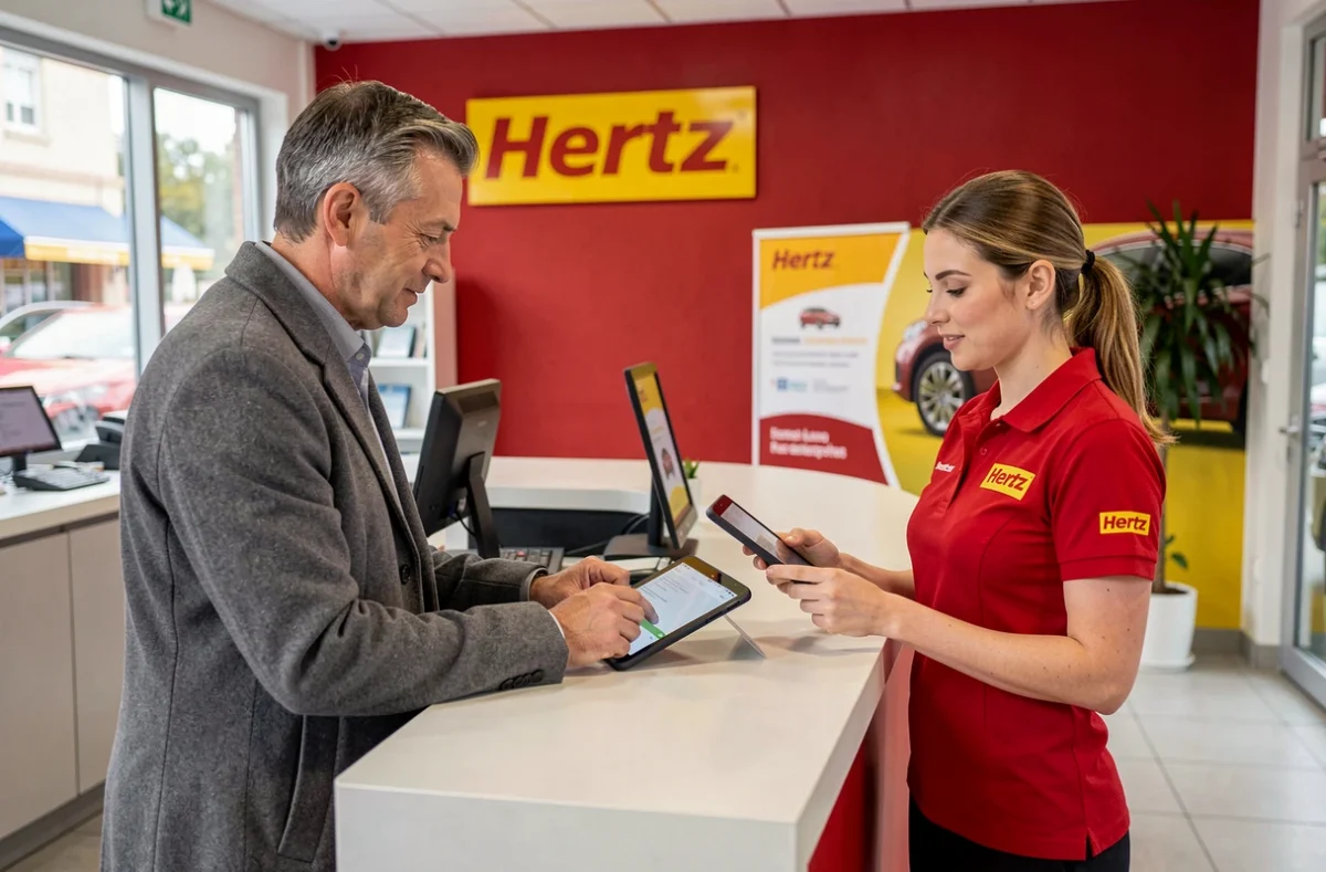 Comptoir Hertz avec un client finalisant sa réservation de voiture avec une agente