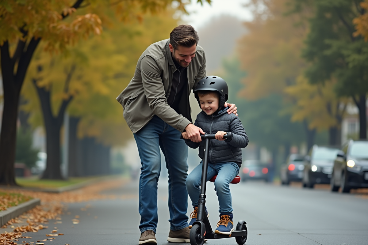 Homme adulte vérifiant le casque d'un garçon en scooter
