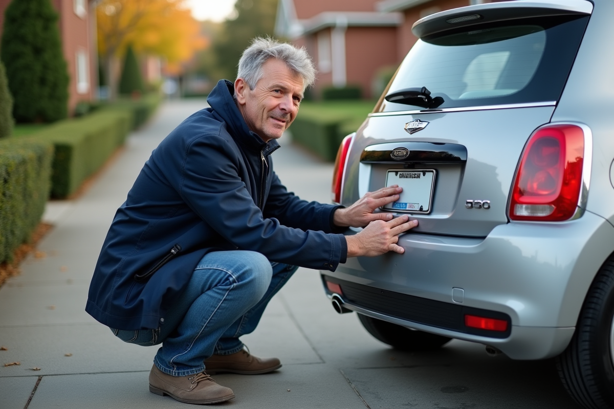 Homme appliquant une nouvelle plaque d'immatriculation sur sa voiture