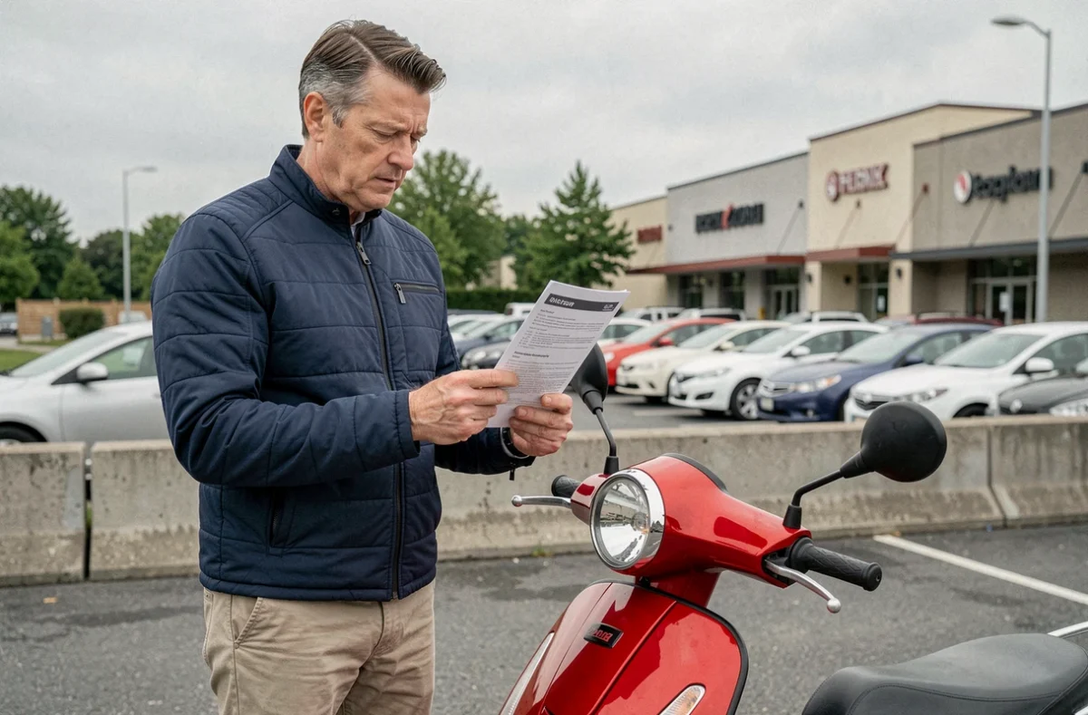 Homme consultant un document d'assurance scooter 50cc dans un parking de banlieue