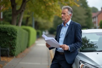 Homme d'âge moyen avec documents d'assurance devant sa voiture