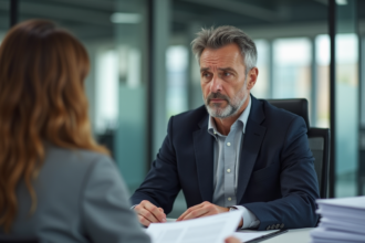 Homme français en veste examinant documents d'assurance auto