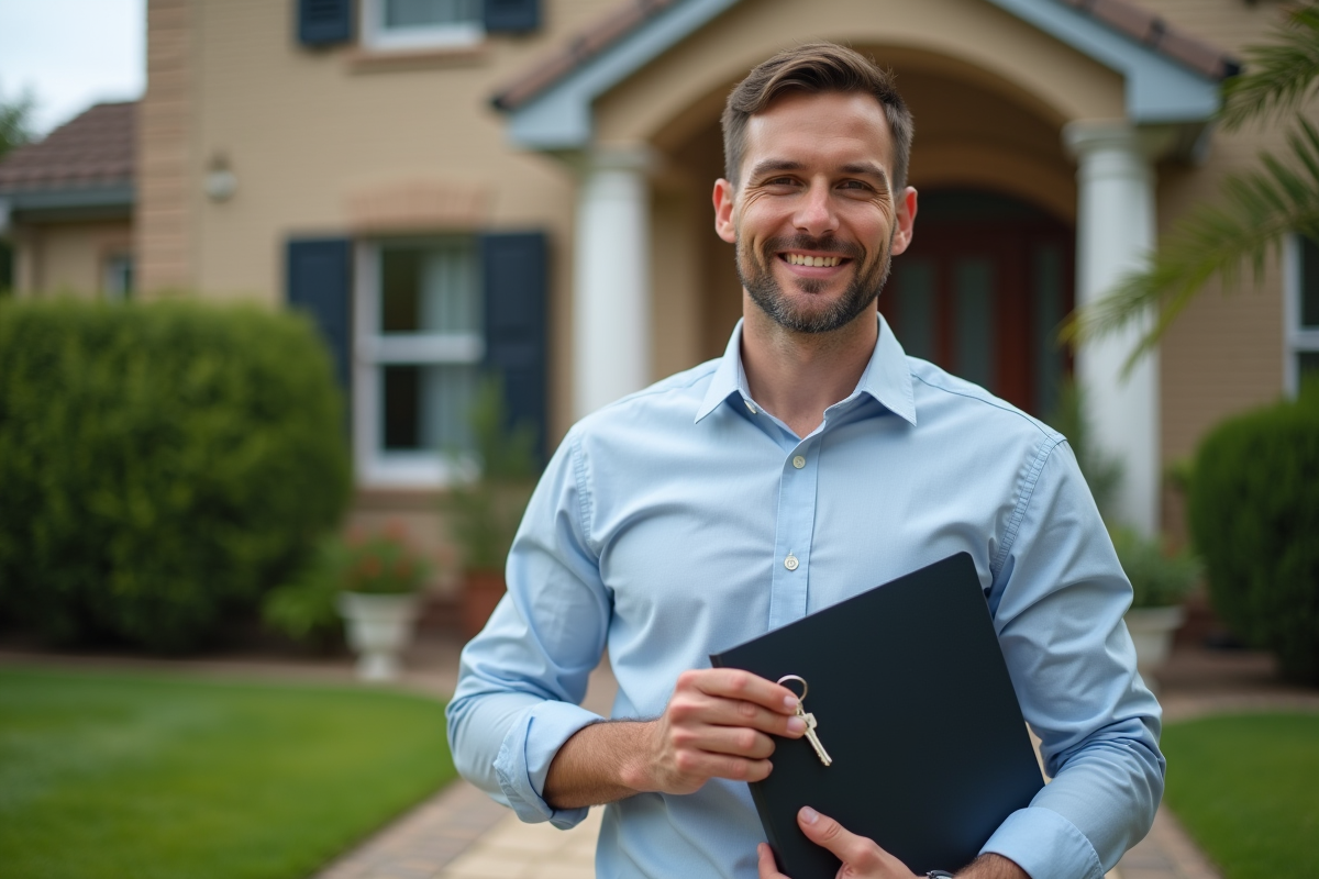 Homme tenant des clés devant une maison de banlieue