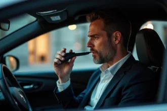 Homme d'âge moyen utilisant un alcootest dans une voiture urbaine