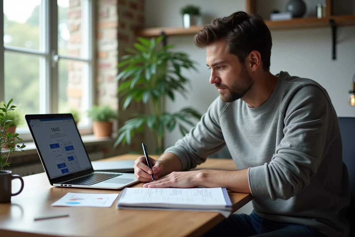 Homme concentré au bureau avec calculatrice et notes