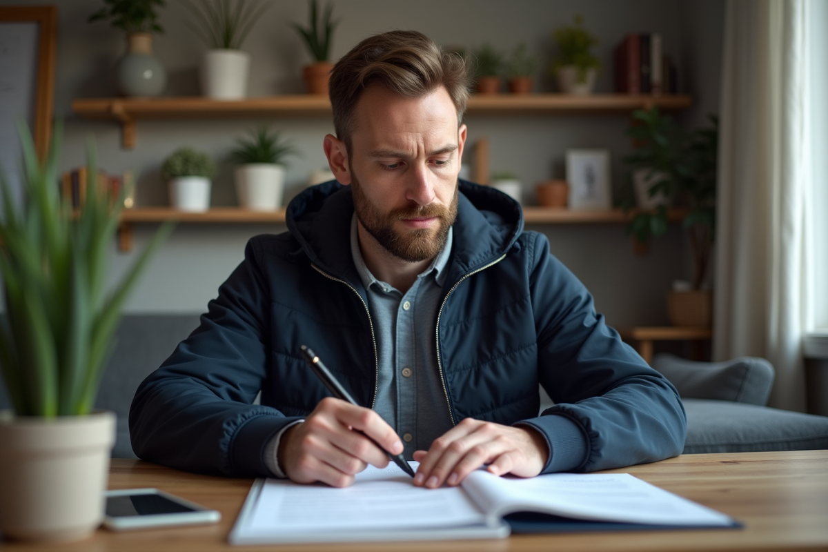 Homme d age moyen au bureau à domicile en pleine concentration