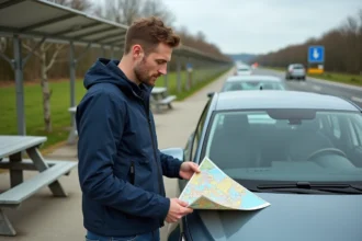 Homme dépliant une carte sur une aire d'autoroute en France