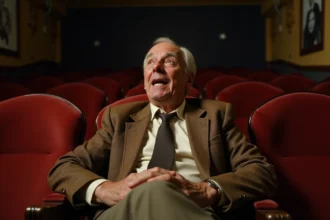 Homme en veste en tweed marron assis seul dans une salle de cinéma britannique vintage avec une expression comique ébahie